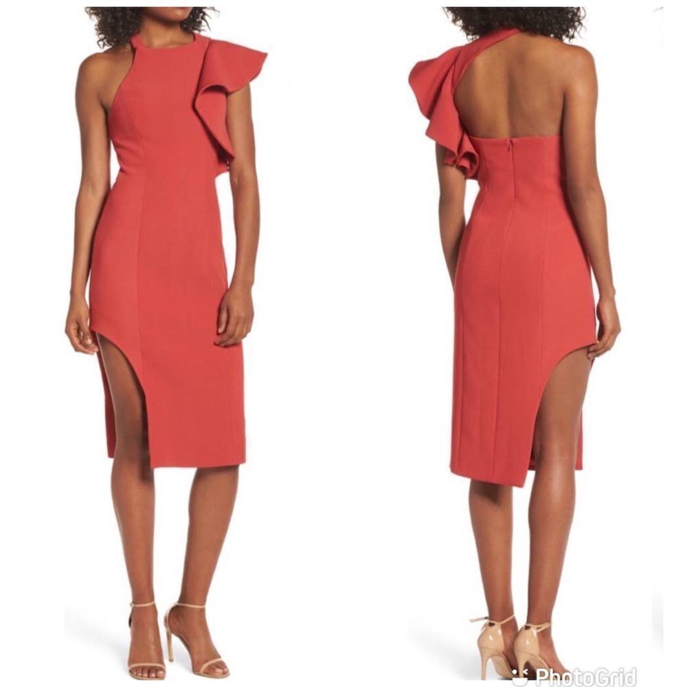 C\MEO Collective Red One Shoulder Fitted Midi Dress Thigh Slit Cocktail XS New